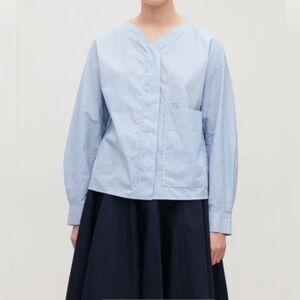 COS stripe long sleeve wrap style blouse, blue, size EU 40, US 8 (medium)